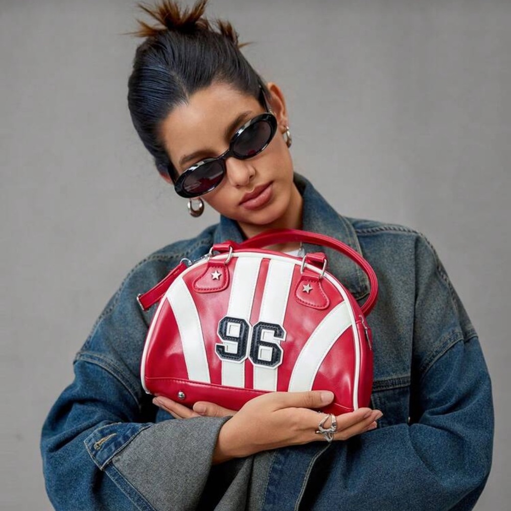 Red and White Striped Dome Satchel Bag w. '96' Patch - Picture 2 of 11